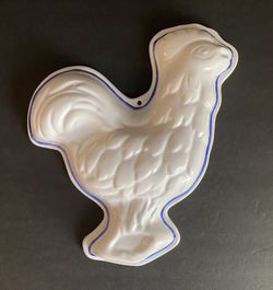 Vintage White Rooster Blue Trim Ceramic Kitchen Wall Hanging Mold Portugal