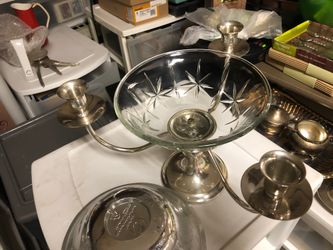 3 candle holder with glass bowl silver plated made in India.