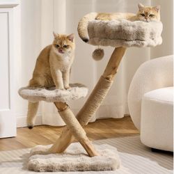 Natural Solid Wood Cat Tree Tower with Scratching Post, 32 Inches Tall Modern Cat Tower with Cozy Bed and Platforms, Luxury Real Branch Cat Tree for I