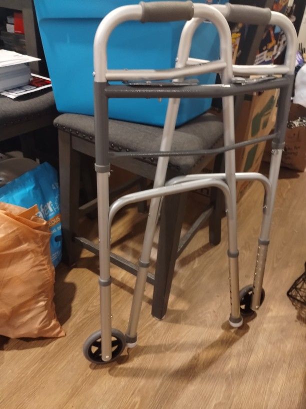 Guardian Folding Walker W/Wheels, Silver Adjustable Height Walking Assistant 