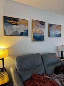 Modern Abstract Gold & Blue Wall Art – Set of 3 (20” × 28”)