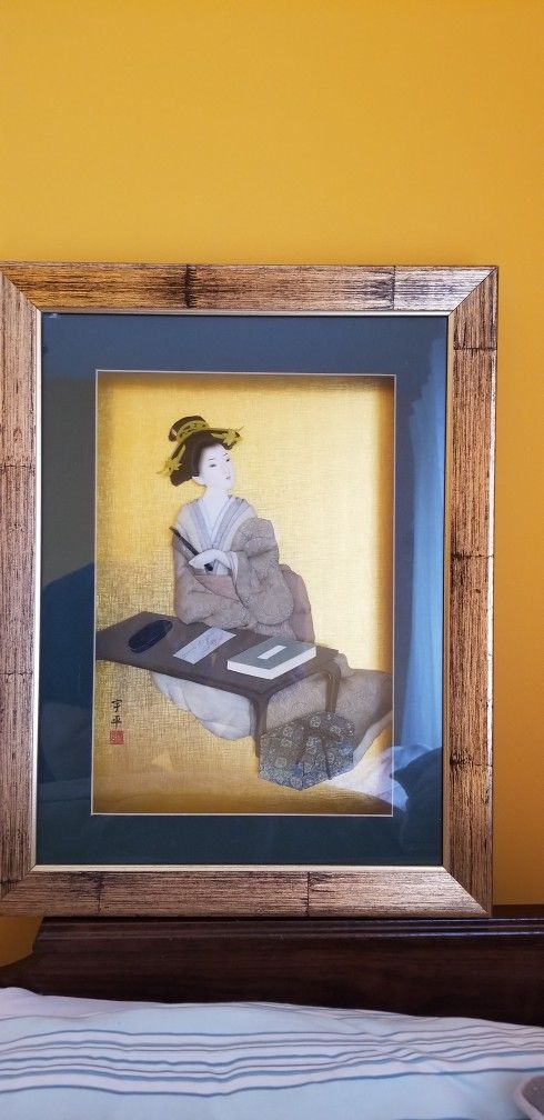 Vintage Japanese Shadow Box 3d Wall Art Geisha Girl Studying