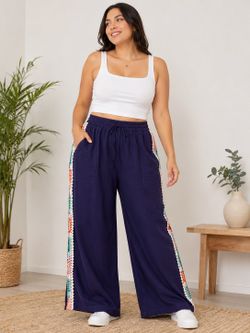 TARSE Women’s Linen Blend Wide Leg Pants Crochet Trim Navy Blue Size L NWT