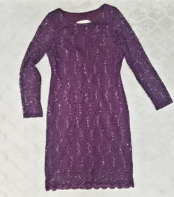 Elegant Purple Sequins & Lace Dress Featuring Long Sleeves, Keyhole Back, Scalloped Hem, Lace Overlay Woven With Shimmering Sequins, Size 14P!