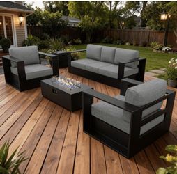 4 Piece Oversized Aluminum Outdoor Furniture Set with Fire Pit | Patio Sofa Sets, Deep Seating and Upgraded 6-inch Cushions for Porch, Balcony, Deck