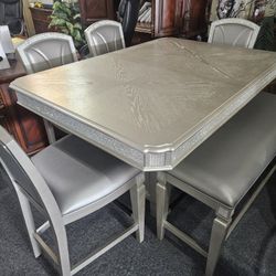 Brand New Silver Counter High Dining Table (60"×42"×36"H) + 4 Chairs + Bench