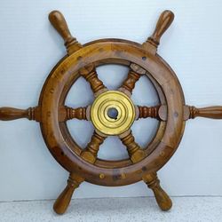 Vintage Nautical 16" Ships Wheel Solid Wood Brass Tiki Decor 