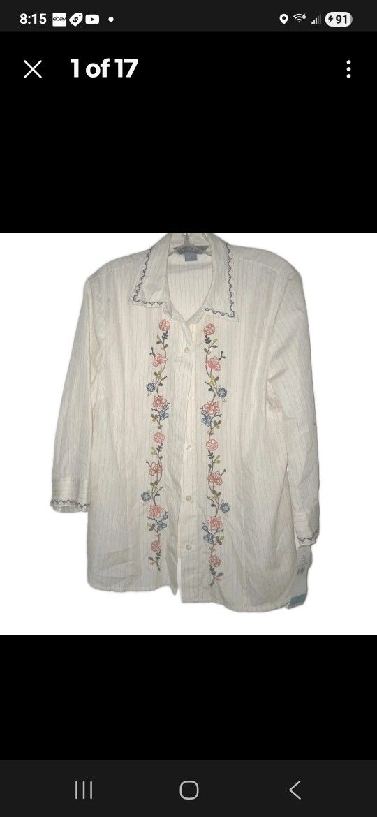 New Koret Button Up Blouse Womens Size 16 XL Long Sleeve Cream Tea Garden Floral Vintage