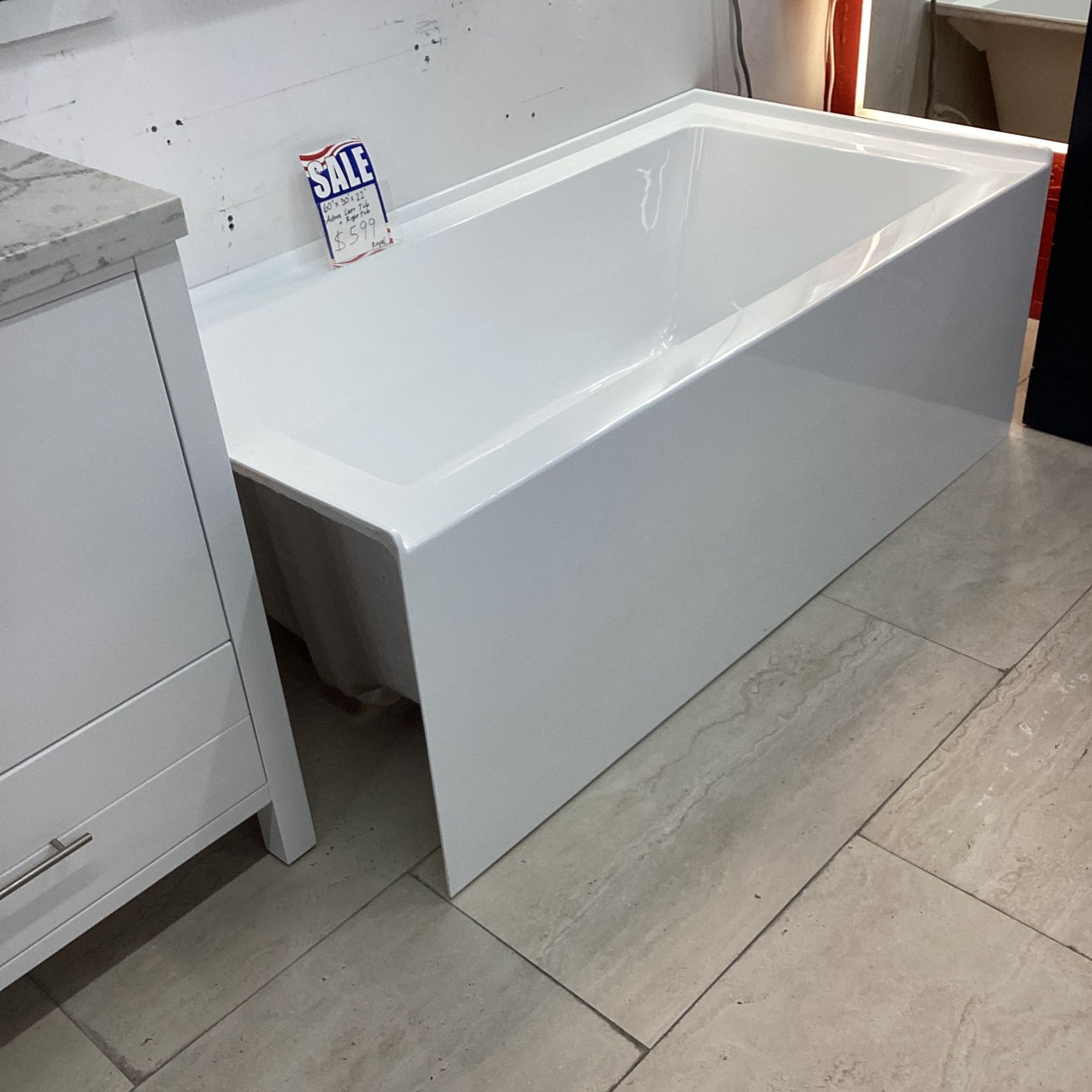 60” X 30” X 22” Deep Alcove Tub White Color Skirted New With Leveling Legs Deep Soak Tub Left Or Right Hand Drain Ready For Pick Up Today