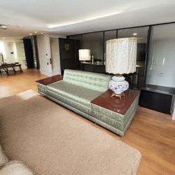 Mid-Century Nostro Green Sleeper Sofa with Storage End Tables – $4000