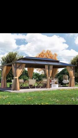 Relax and Cozy in Gazebo 20 ft. x 12 ft. Outdoor Brown Polycarbonate Double Roof Gazebo with Curtains and Netting for Garden, Lawns, Patio Top Brand c