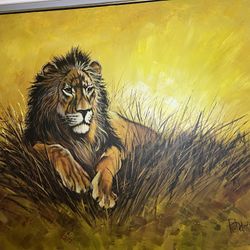 Large Lion In The Grass Painting On Canvas