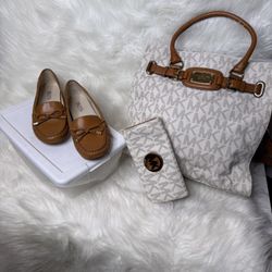 Michael Kors Cream/ Brown Tote, Wallet, And Loafers