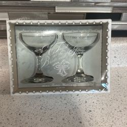 Vintage Bride and Groom Champagne Toasting Coupe Glasses 