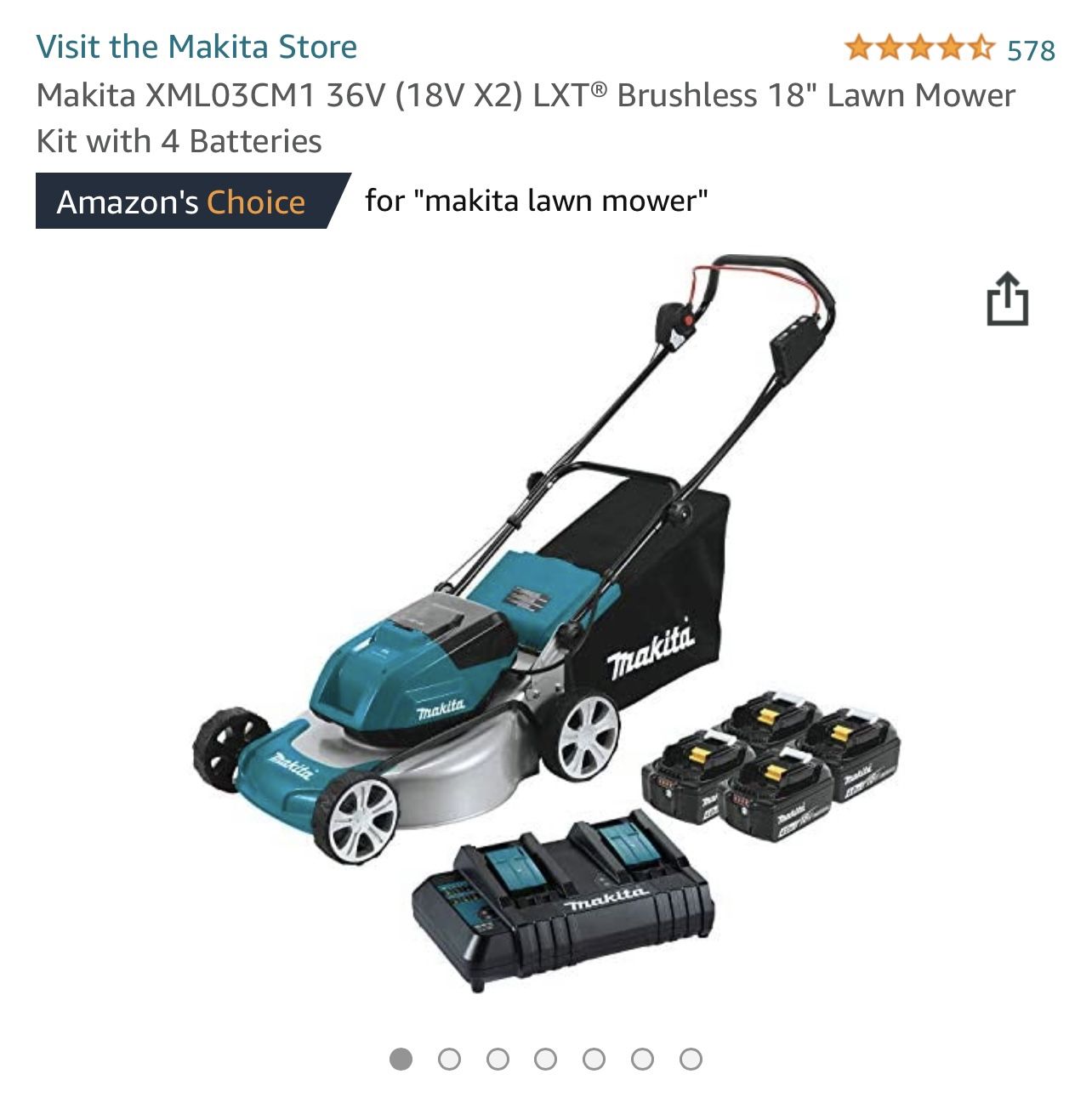 Makita XML03CM1 36V (18V X2) LXT® Brushless 18" Lawn Mower Kit with 4 Batteries