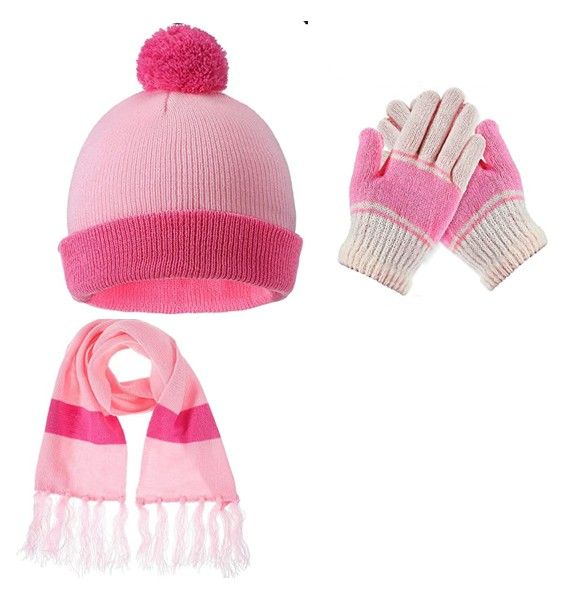 Toddler Winter Warmer Knit Beanie Hat Gloves Scarf Set 3 Pc - Rose Pink