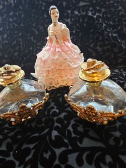 $100.00 - (2) 1960's Hollywood Regency Ormolu Filigree Perfume Bottles with Faux Pearl Accents! Like New Condition!