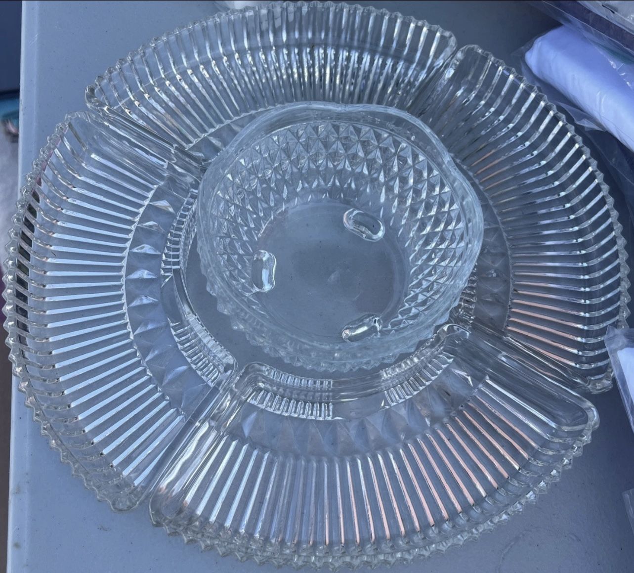 Vintage Kromex 13 1/4" Lazy Susan Glass Relish Dish Tray