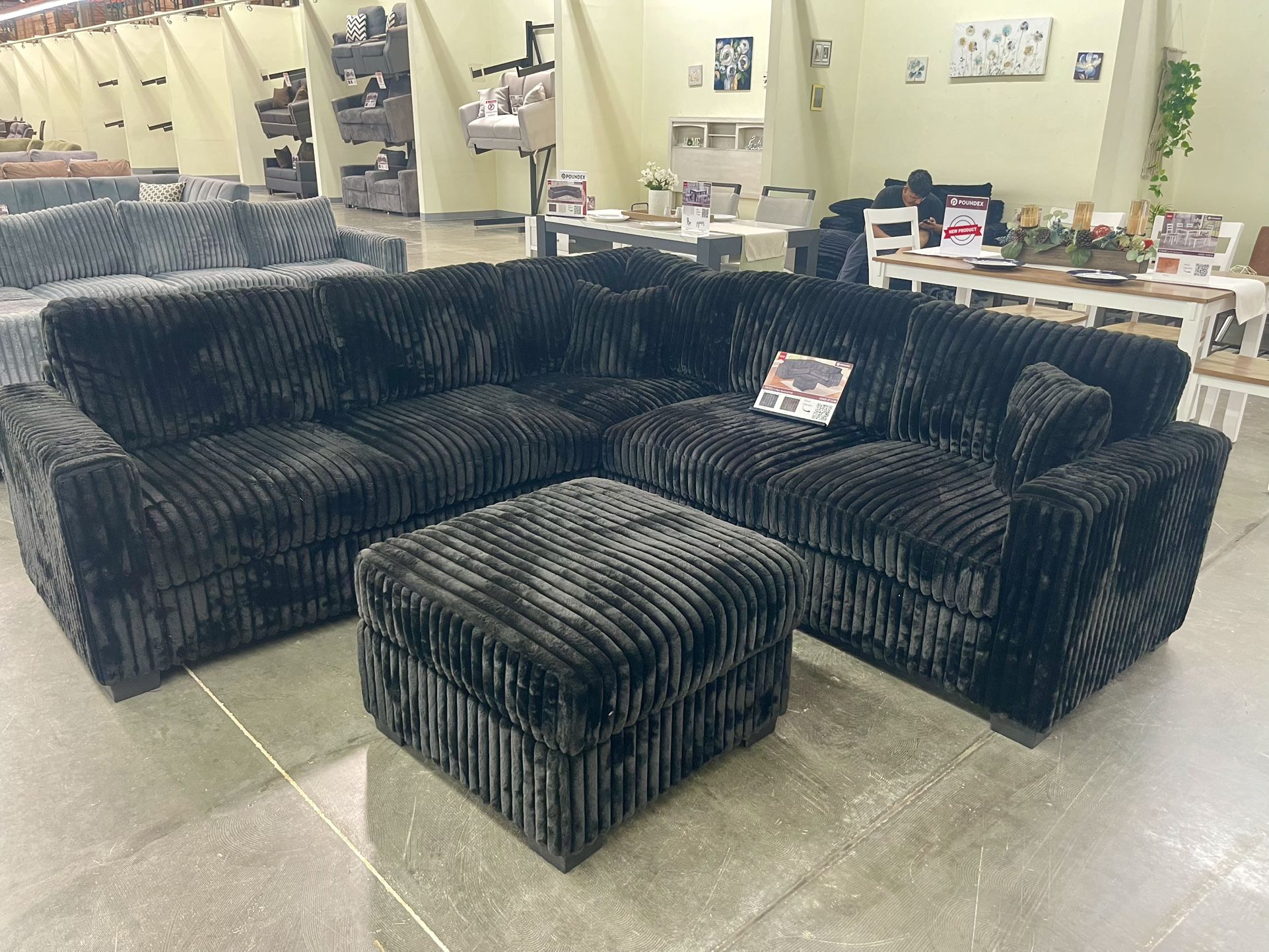 Black Sectional Sofa With Soft Fur Like Corduroy