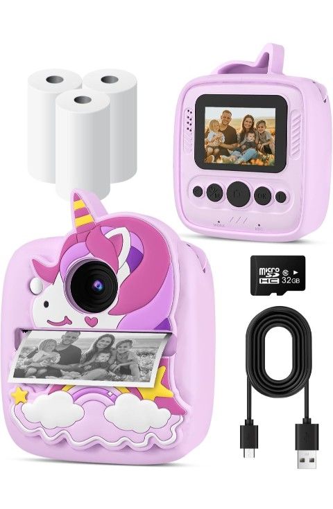 Instant Print Camera for Kids 3-12 Years, Thermal Print Kids Camera Toy is a Surprise Gift for Girls & Boys with 32G SD Card, 48 MP Photo, 1080P Video