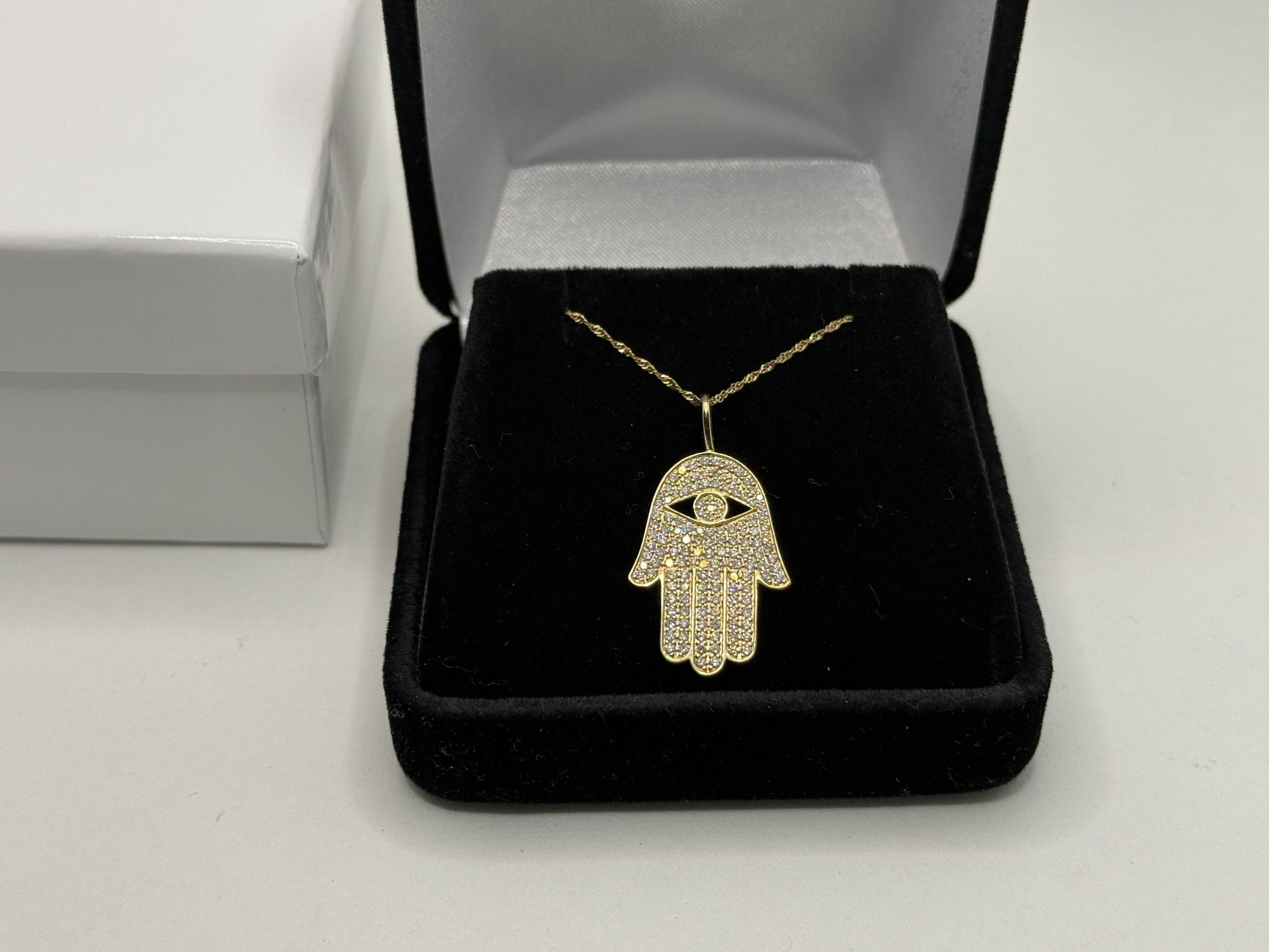 14K Gold Diamond HAMSA Hand Pendant