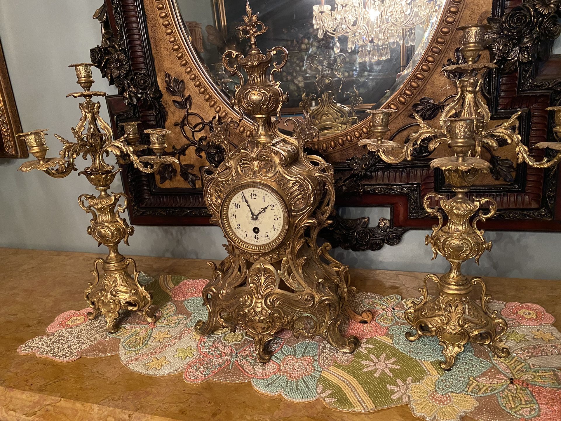 Brass Clock And Candelabras