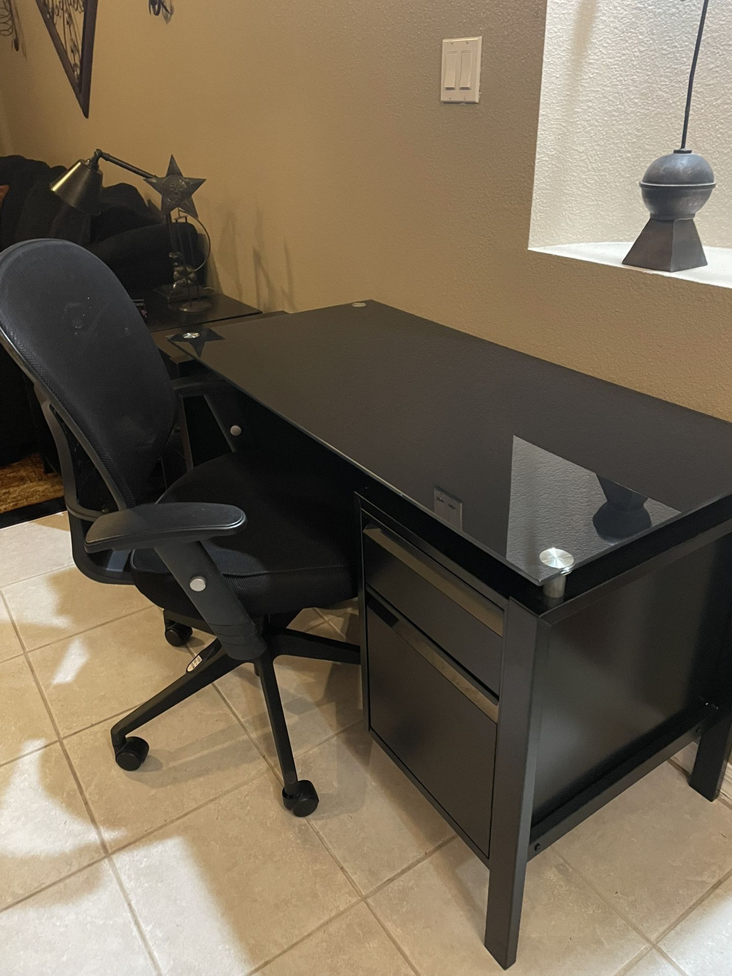 Black Glass Top Desk With Drawer And File Drawer And Chair And File Cabinet With Lock.. Less Than 6 Mos. Old!