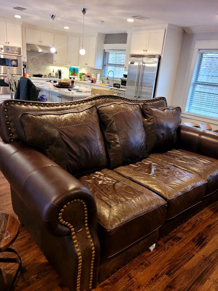 Almont Pecan Leather Sofa.