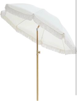 6.5FT Boho Patio Umberlla with Fringe,UPF50+ Outdoor Umbrella with Fiberglass Ribs and Push Button Tilt,Tassels Umbrella for Beach,Terrace,Picnic