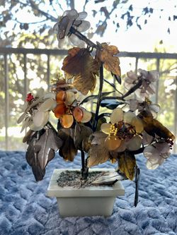 Vintage Chinese Gem Stone Bonsai Tree, Carved Jade and Rose Quartz Leaves and Petals in Jade Pot.  Antique 