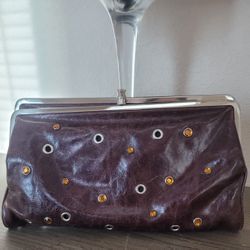 Hobo International Women's Leather Clutch Wallet Jewels Double Clasp Brown VTG