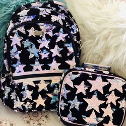 Star Velvet Flip Sequin Backpack and lunch box. New with tags. Girls love them! Backpack 12" W x 5" L x 17" H. lunch box 10" W x 3.5" L x 8" H. Brunda