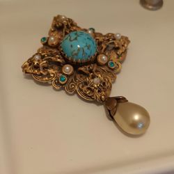 Vintage Diamond Shape Victorian Filigree Faux Pearl Turquoise Rhinestone Drop Dangle Brooch