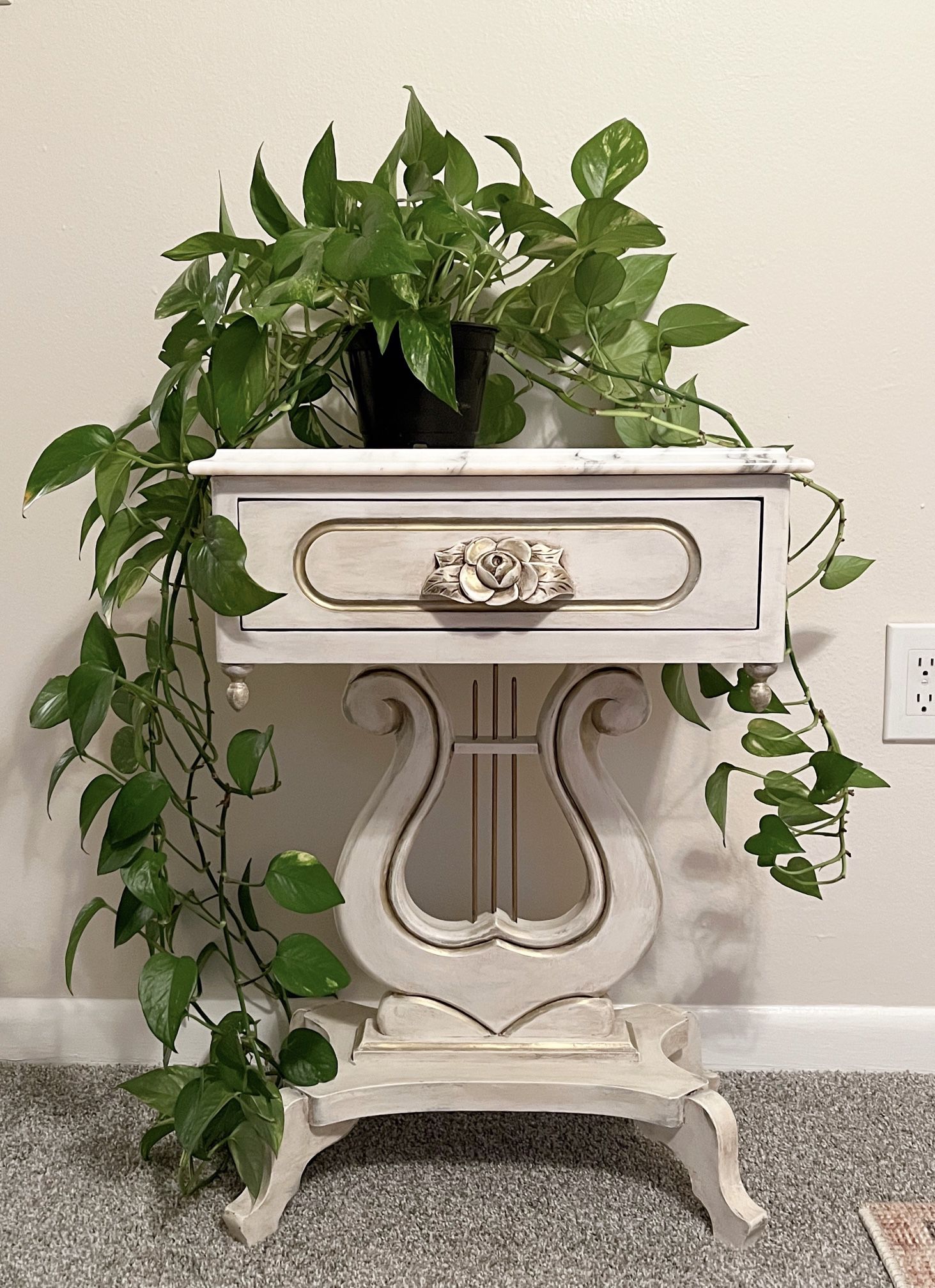 Refinished Antique End Table With White Marble