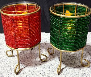 2 Vintage beaded candleholders w/glass votives