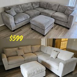 Brand New 4 Pcs Sectional $599 CORDUROY FABRIC BEIGE OR GREY