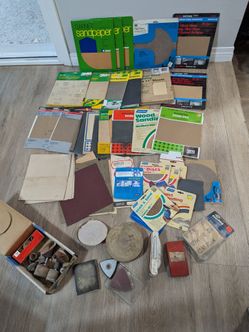 Large Lot of assorted vintage and standard sandpaper sheets sanding discs sanding blocks & accessories
