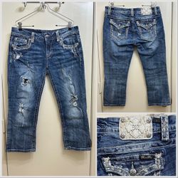 Miss Me Signature Cropped Distressed Rhinestone Embellished Dark Wesh Jeans Size 30