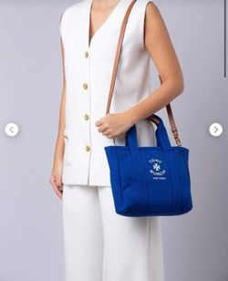 NWT Tory Burch Blue Canvas Tote with Leather Strap