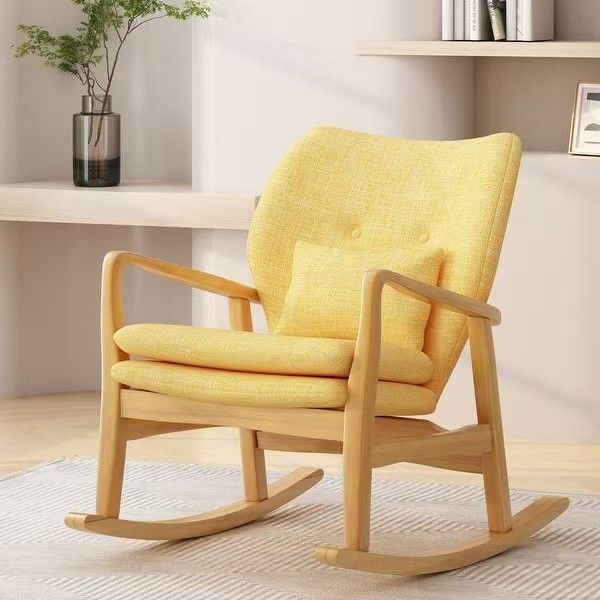 Solid Wood Rocking Chair Lazy Rocking Chairs High-Back Cushioned Rocking Chairs Living Room Rocking Chairs with Linen Cushion - Yellow