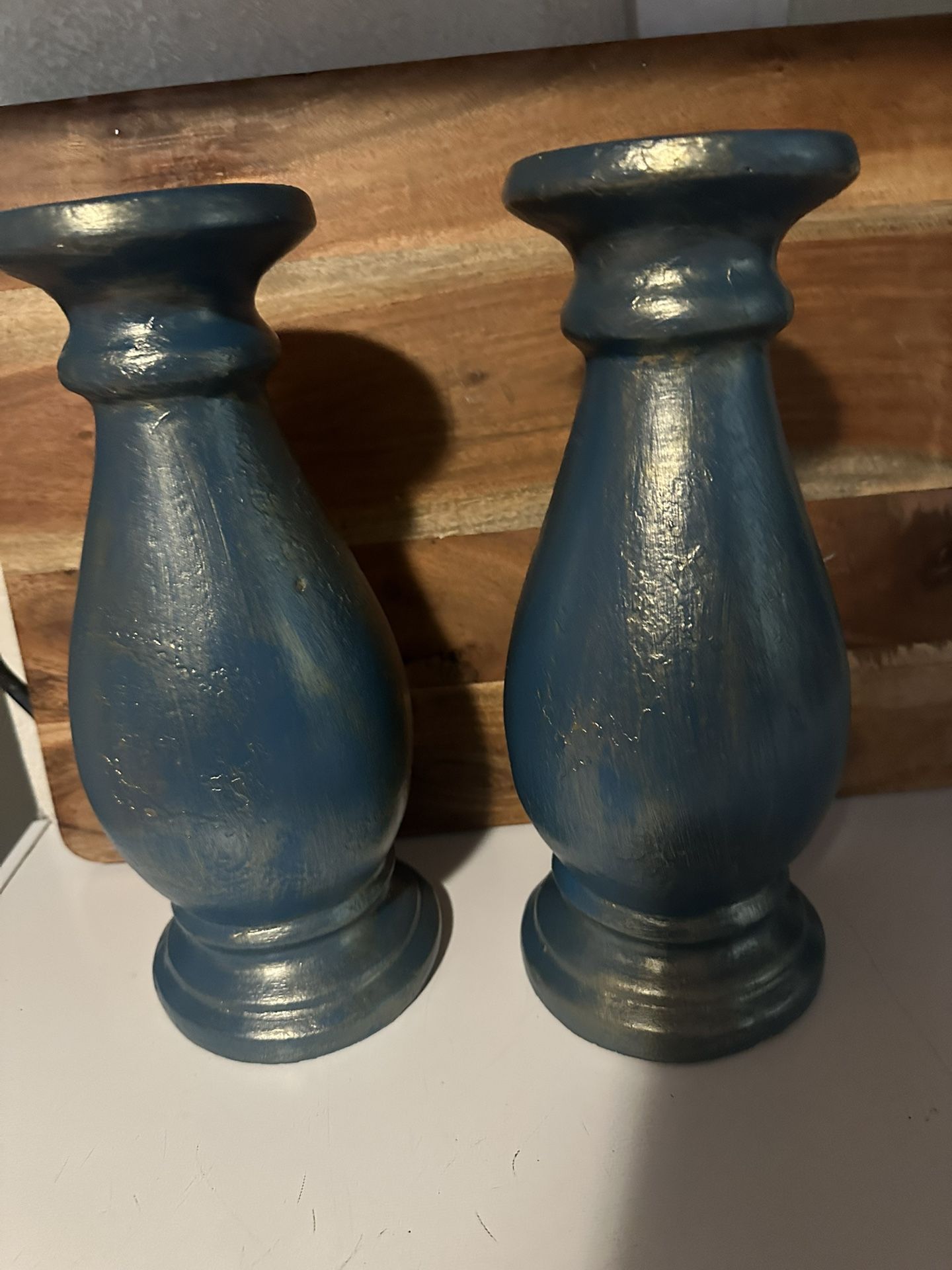 Blue/gold Wooden Pillar Candle Holders