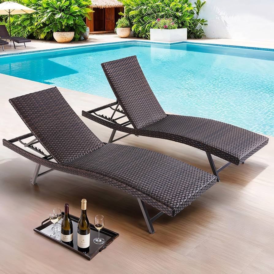 Outdoor Chaise Lounge Chair Set of 2, PE Wicker Lounge Chairs for Outside with Quick Drying Sponge Cushion, Rattan Reclining Chair with Adj