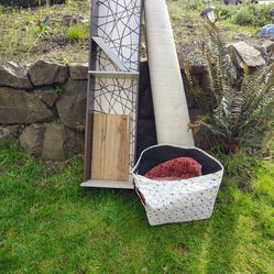 Free hardwood bookshelf, organizers, rug, cat house etc