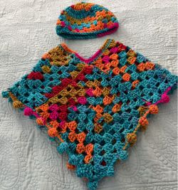 Colorful Crochet Poncho and Hat Set, Fits 1 - 1 1/2, Year Old
