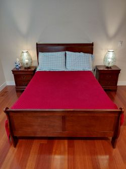 Brand New full size bed set with box spring, firm memory foam mattress, and two nightstands
