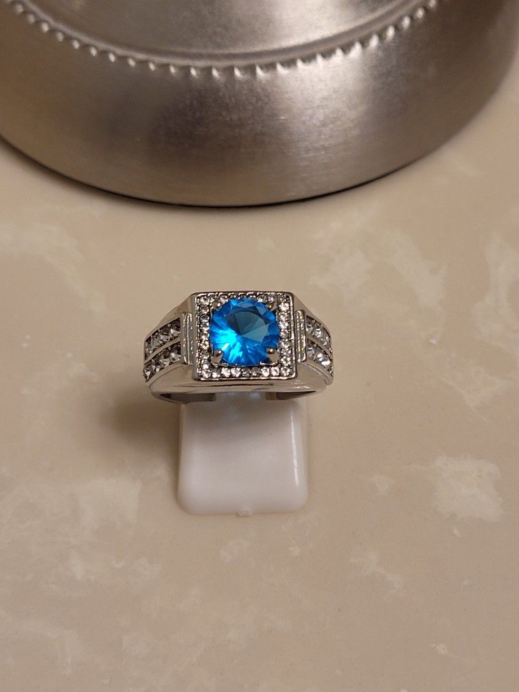 925 Silver CZ and Aquamarine Ring Size 8.5