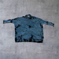 Vtg Alberto Makali Eyelash Sweater L Blue Black Tie Dye Fuzzy Y2K Whimsigoth Mock