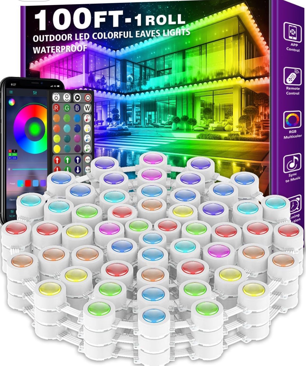 100FT Permanent Outdoor RGB Lights - IP67 Waterproof with Smart App Control Remote, DIY Scene Modes, Music Synchronization, Eaves Lights For Garden De