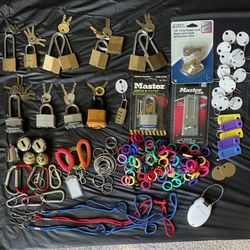 Some Items Used, Some New. All in good working condition. 8 - Olympus & Masterlock Solid Brass Padlocks (three pairs keyed the same) 5 - Masterlocks, 