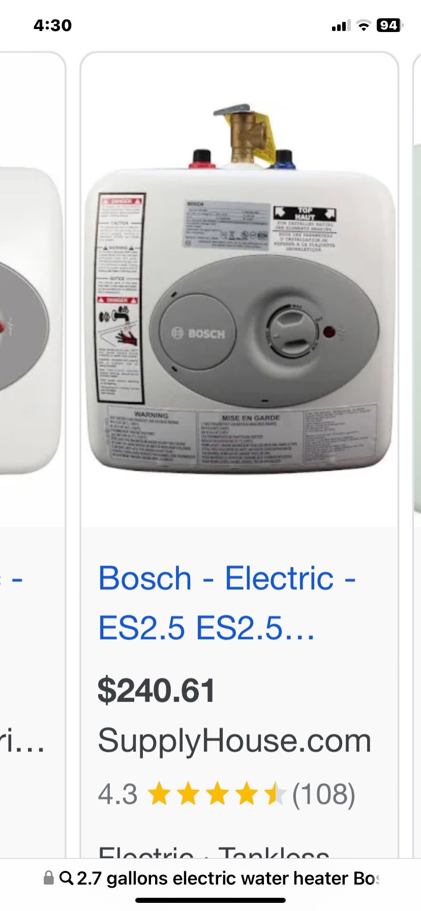 2.7 Gallons Electric Water Heater BOSCH Brand New 